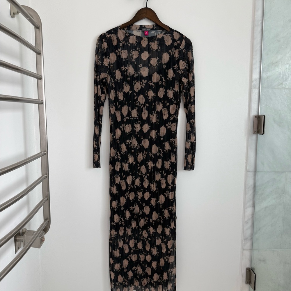 Vince Camuto Black Midi Dress with Beige Floral Motif